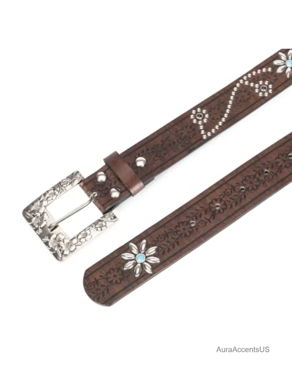 Women Western Belt Embossed Floral PU Leather Rhinestone Buckle Cowgirl Belt